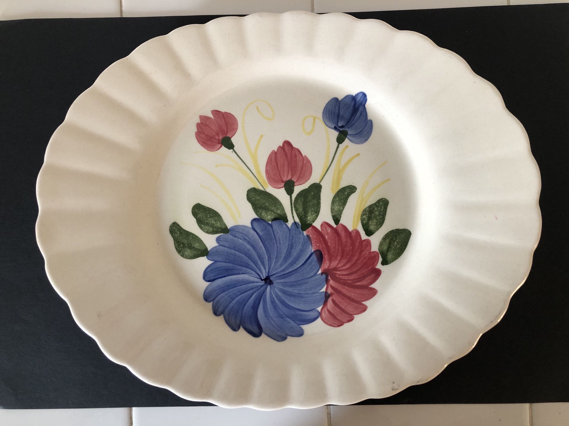 Hand Decorated Oval Serving Platter Tray Blue Red Floral Design