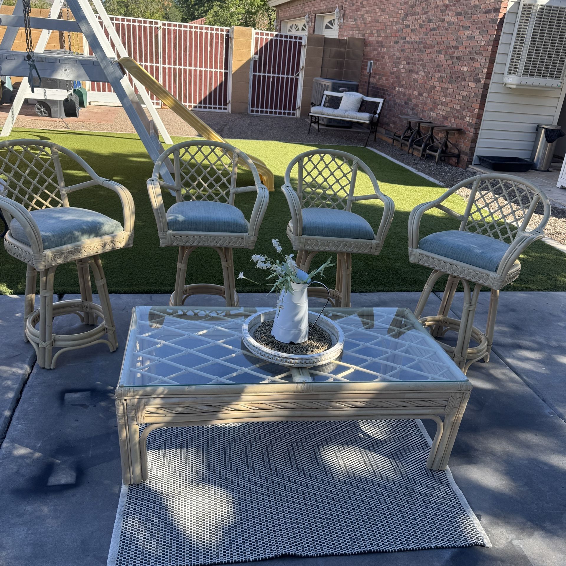 (4) Mid Century Modern Wicker Rattan 26" Bar Stools and Matching Coffee Table with Glass Top