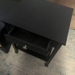 Two Side Table With Drawers And A Coffe Table With Wicker Slide Out Basket 