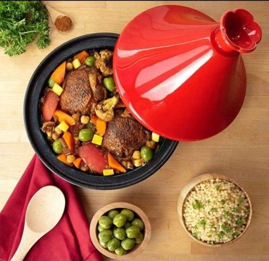 Moroccan Cast Iron 4 qt Cooker Pot, Caribbean One-Pot Tajine Cooking, Enameled Ceramic Lid- 500 F Oven Safe Dish w Large Capacity