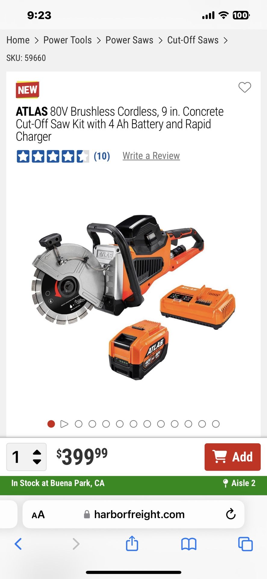ATLAS 80V Brushless Cordless, 9 in. Concrete Cut-Off Saw Kit with 4 Ah Battery and Rapid Charger