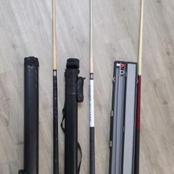 3 Billiard cue Harvard and others Seattle wooden, 2 parts, with case.