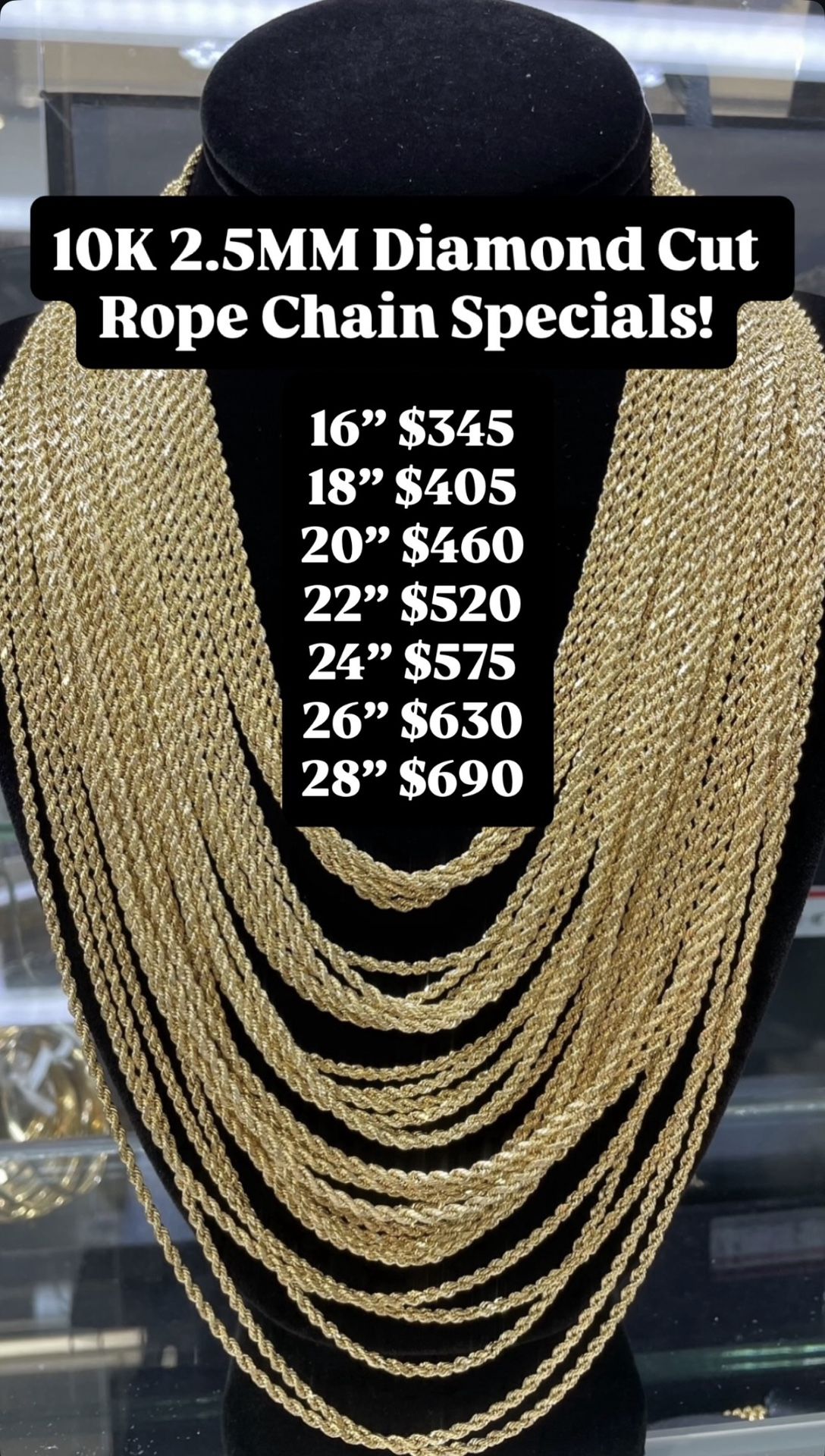 10K 2.5MM Rope Chain Diamond Cut 