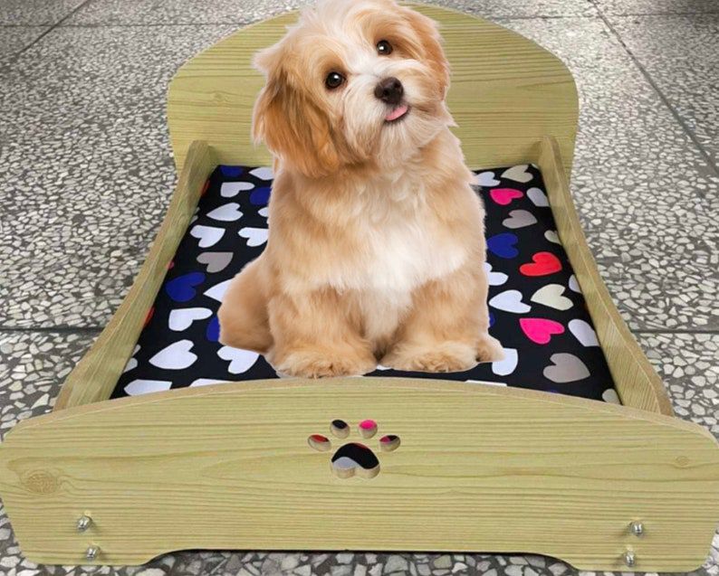 Elevated Dod, Cat And Rabbit Design Padded Cushion and Wooden Pet Bed with Detachable Portable Parts for Indoor and Outdoor Use.