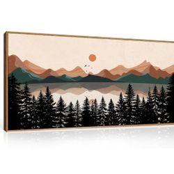 KAIRNE Mountain Framed Canvas Wall Art, Mid Century Modern Decor, Boho Wall Art Painting, Lake Pines Tree Sunset Nature Landscape Art Print for Living