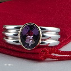 Sterling Silver and 14K Yellow Gold Amethyst Ribbed Band Ring Size 7!/ Anillo de Plata Esterlina y Oro con 1 Amatista! 👌🎁Post Tags: Anillo de Plata 