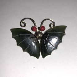 Vintage Green Jade Butterfly With Red Coral Eyes  Pendant / Necklace /Brooch