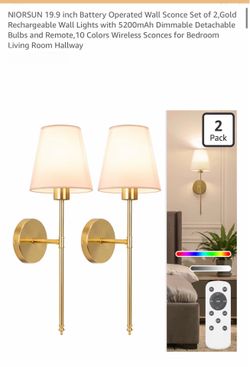 19.9 inch Battery Operated Wall Sconce Set of 2,Gold Rechargeable Wall Lights with 5200mAh Dimmable Detachable Bulbs and Remote,10 Colors Wireless Sco