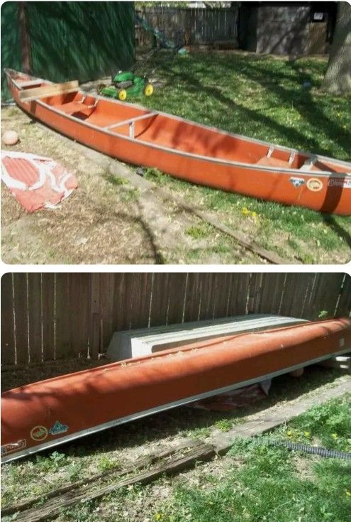FOR SALE : the Classic 17 ft Aluminum Framed 3 Man COLEMAN Fiberglass Canoe in Nice Condition. Comes w/ Removeable 3rd Seat, 2 Paddles & Anchor