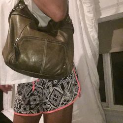 B. Makowsky Genuine Leather Olive Green Hobo Purse Shoulder Bag Excellent