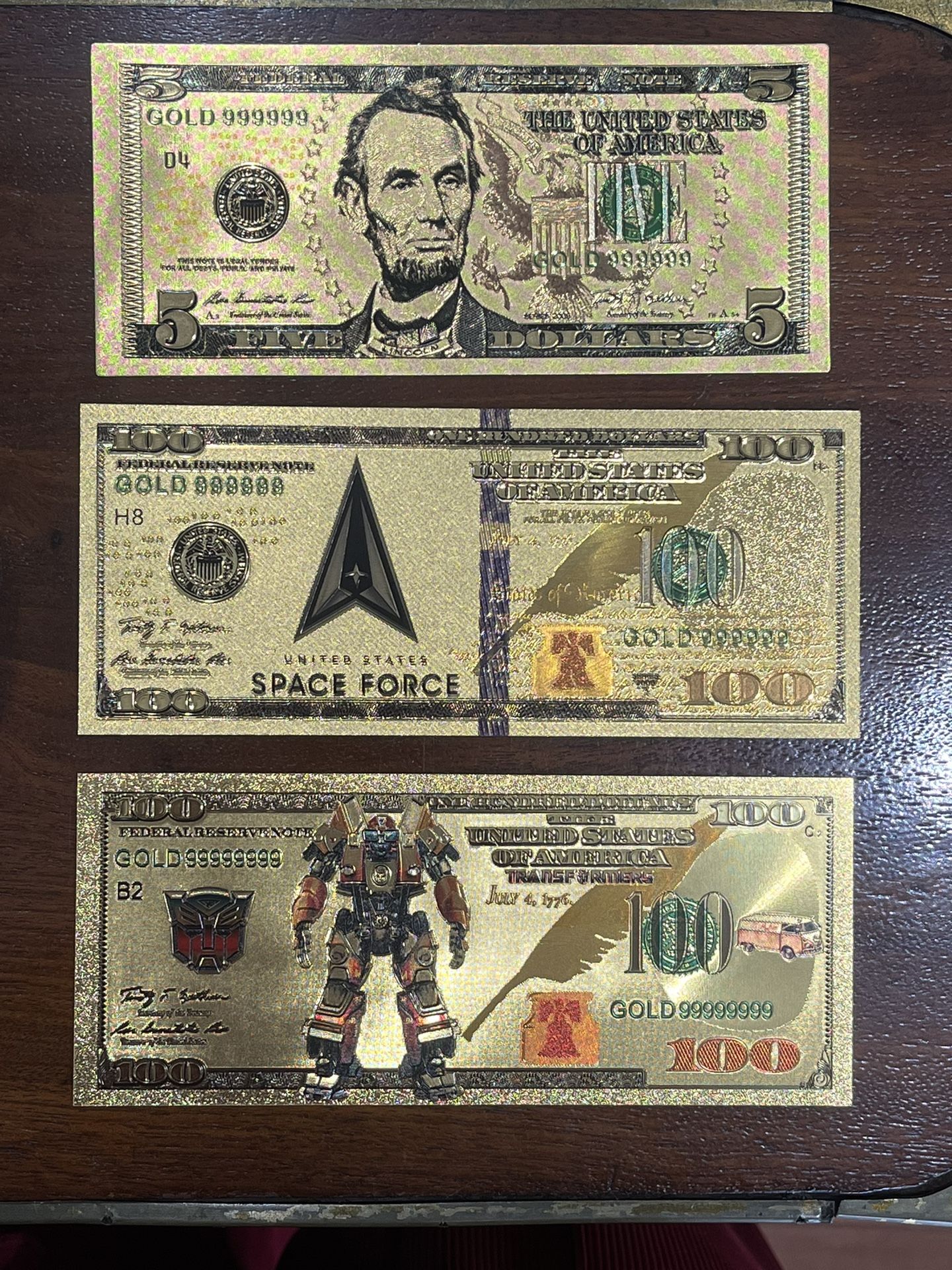 24k Gold Foil Banknotes - 3 Total 