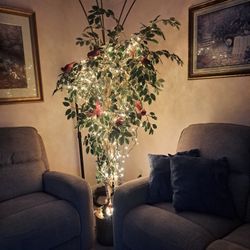 6 Ft Artificial Ficus Tree Faux Plants Indoor Tall with Brass Pot plus with mini lights