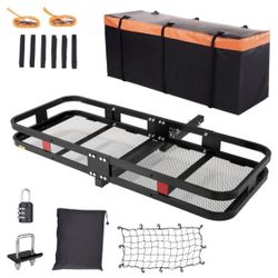 VEVOR Hitch Cargo Carrier, 60 x 24 x 6 in Folding Trailer Hitch Mounted Steel Cargo Basket, 500lb Luggage Carrier Rack with Waterproof Cargo Bag & Car