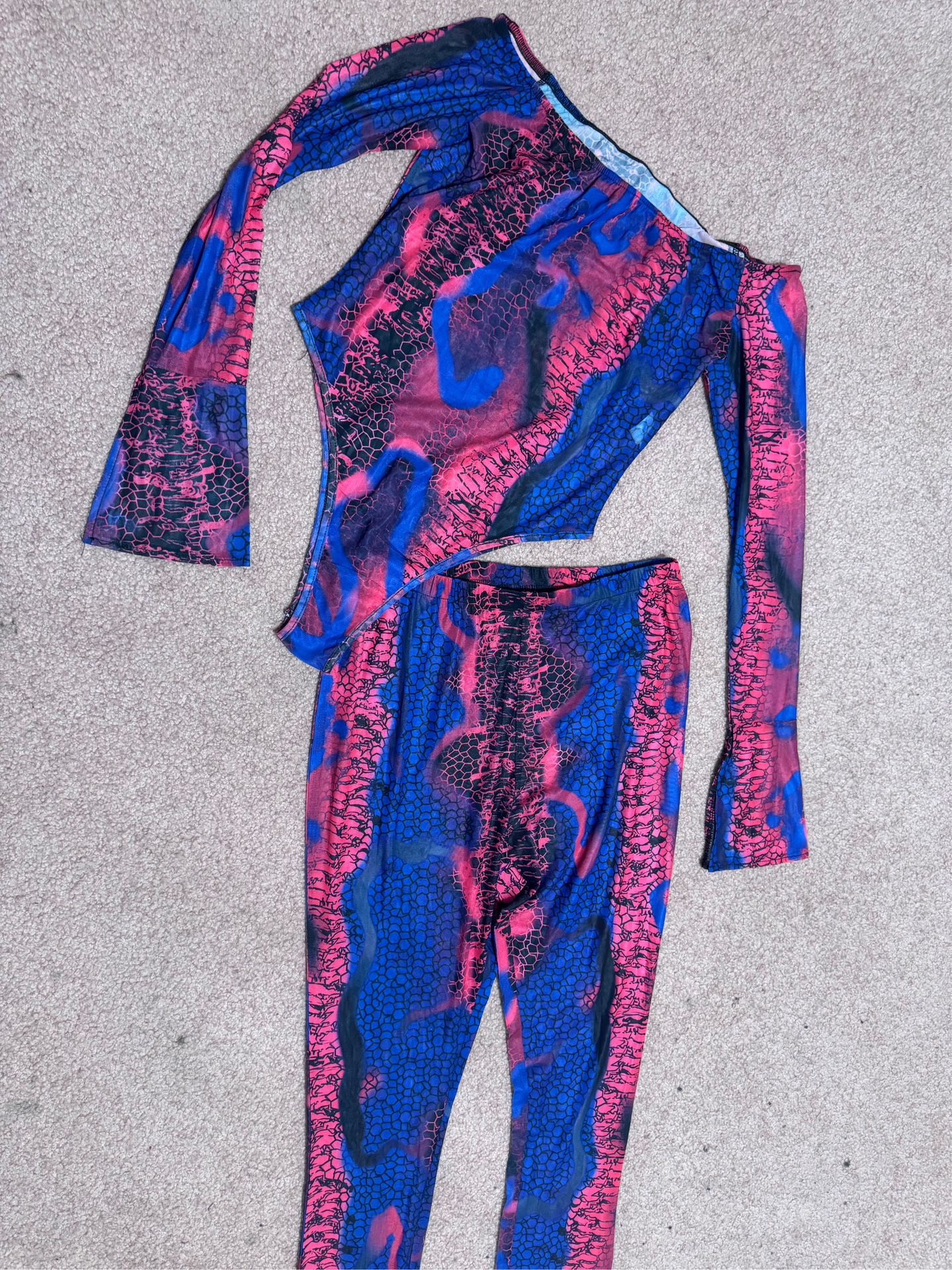 New large pink sheer mesh bodysuit pants festival rave outfit stretchy blue set