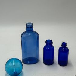 Lot Cobalt Blue Apothecary Medicine Bottles + Blue Glass Sphere Paperweight