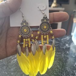 Feather Beaded Dangling Earrings 