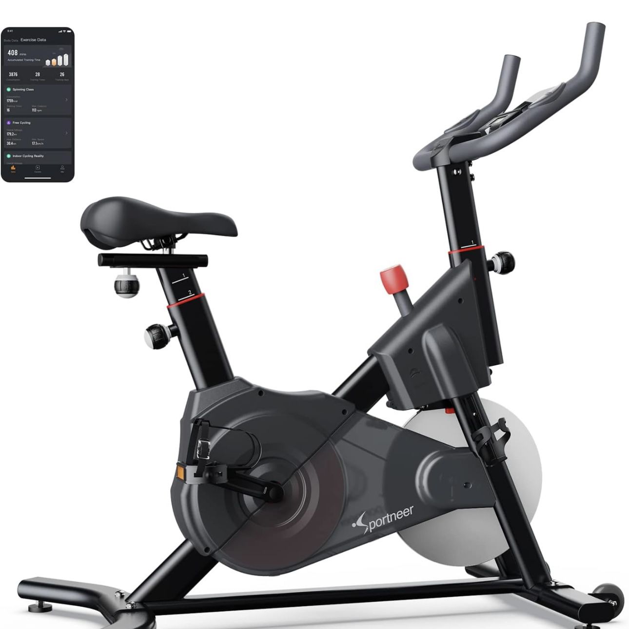 Sportneer Flywheel S1 Exercise Bike (Quiet), Indoor Cycling Bike Stationary Magnetic Resistance Spin Bike Cycle Workout Bikes for Home Gym, Bluetooth