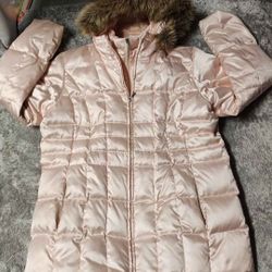 Lands End Woman's Pink Down Puffer Coat With Faux Fur Hood Size XL