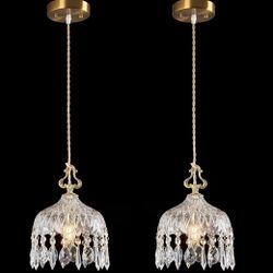Vintage Glass Pendant Light Crystal Hanging Light Fixtures,Adjustable Height Single Head Pendant Lights for Dining Room Living Room Bedroom Hallway(2-