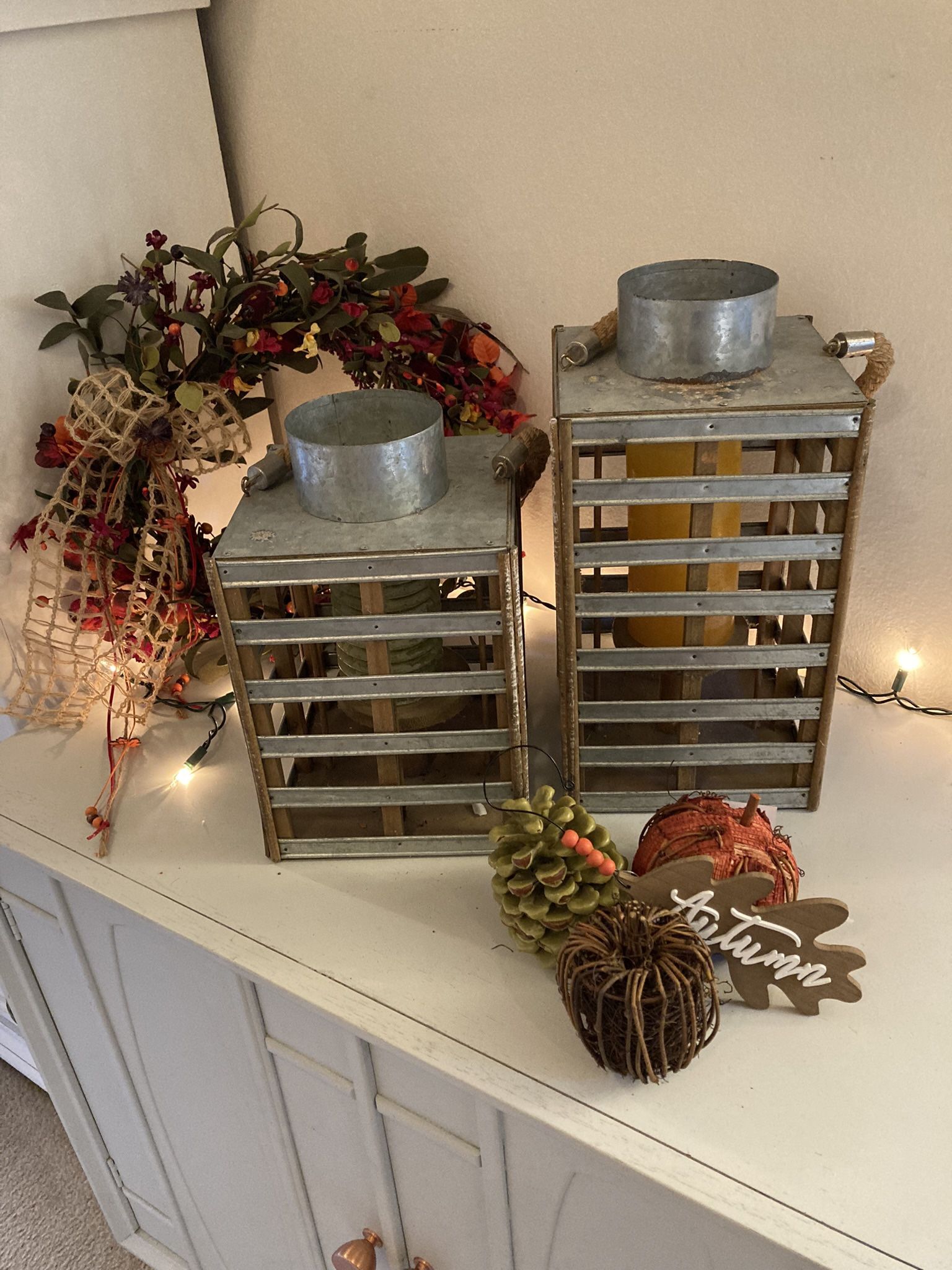 Lantern Lanterns Square Metal & Wood Hanging Candle Lanterns Indoor/Outdoor (Set of 2)