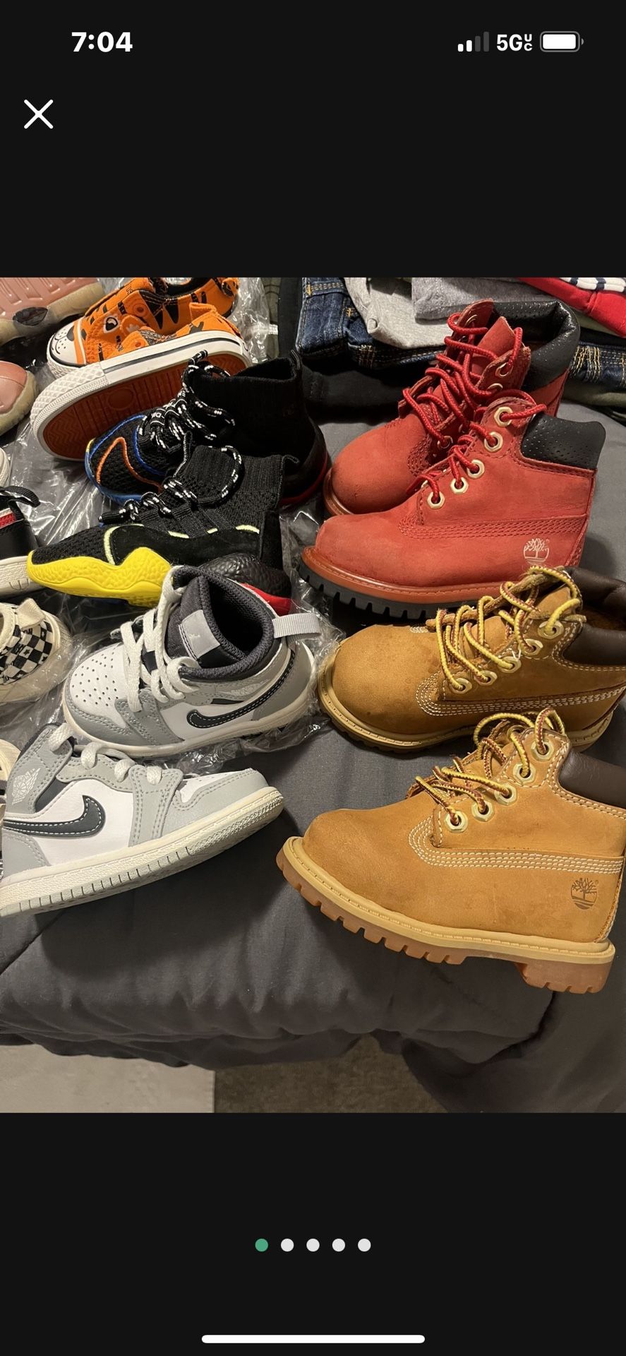 All Size 5c Jordans1s Grey & White $45,..(Orange tiger $35) (Timberland 2 Pair Red, Gold,  5c $40 Each..Both $65)Very Good Condit, Prices are Listed!