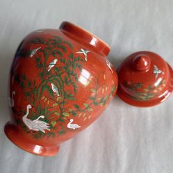 Vintage Red-Orange Andrea By Sadek Porcelain Chinoiserie Ginger Jar