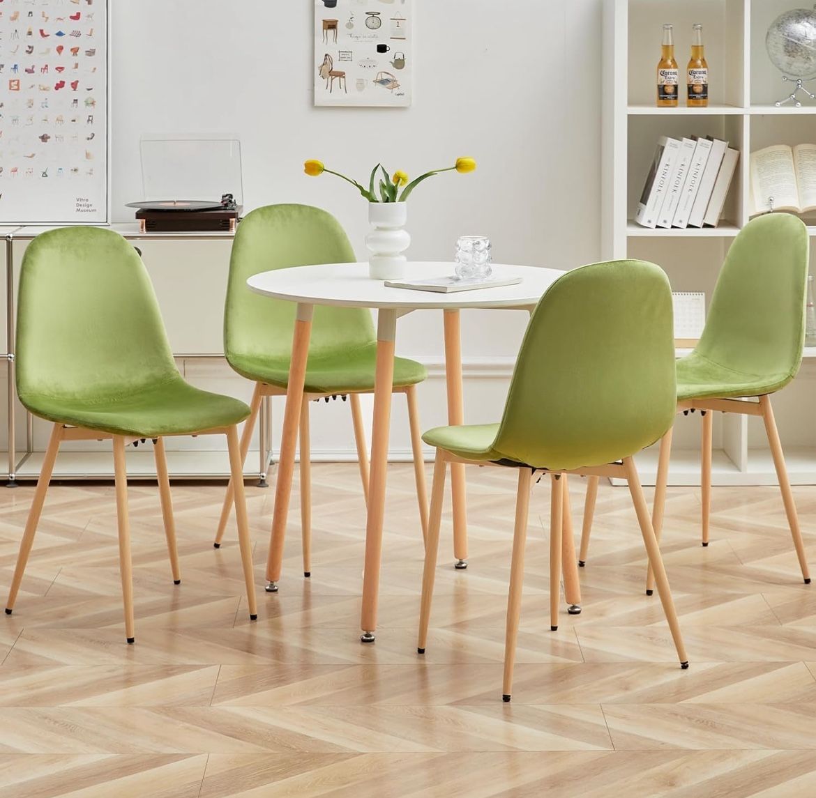 Velvet Dining Chairs Set of 4, Green with Beech Legs 
