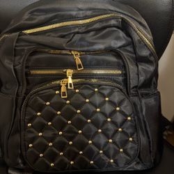 Black Quilted Studded Backpack with Gold Hardware