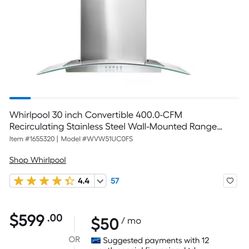 Whirlpool Stainless Steel & Glass Range Hood