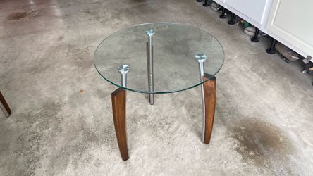 Round Glass Top End Table with Wood Legs
