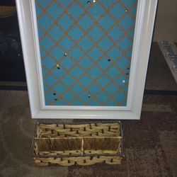 Office Items. Bright Turquoise Bulletin Board And Wicker Holder For Notebooks And Pens 