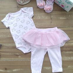 6MOS 2-PIECE OUTFIT PINK BEAT PRINT BODYSUIT W/STRIPED LEGGINGS ATTACHED TULLE SKIRT