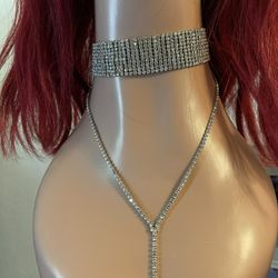 Long Rhinestone chocker Necklace (Silver)