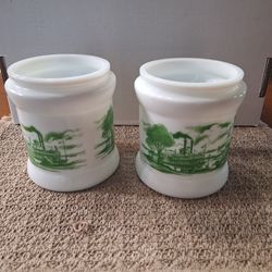 PAIR of Vintage Milk Glass River Boat Scene White Canisters - Humidors