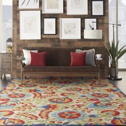   Raymour & Flanigan Indoor/Outdoor Multicolor 7'10" × 10'6" Area Rug, Easy Cleaning, Non Shedding, Dining Room,  Pati