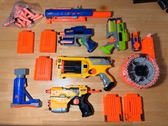 NERF N-Strike Dart Blaster Lot w/ 5 Magazines, Drum Mag & Foam Darts
