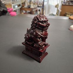 Foo Dog Asian Temple Female Guardian Lion Shishi Dog Statue, Feng Shui Decor In Rich Dark Redwood Resin 4.25H X 2.5"W
