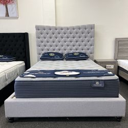 King Platform Bed Frame Grey Linen 