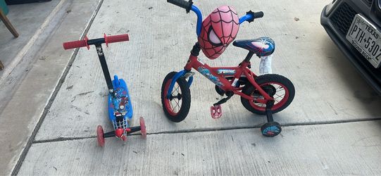 Spider-Man training wheel, bicycle, and scooter