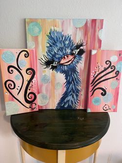 Whimsical Blue Emu Portrait Acrylic Painting on Canvas