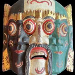 Vintage Indonesian Hand Carved Wood Mask 3 Faces Folk Art Wall Hanging
