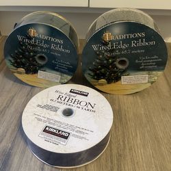 Gold Striped Wired Edge and green Christmas Ribbon 50 Yards x 2.5"  Blue ribbon 50 yards x 1.5 NEW