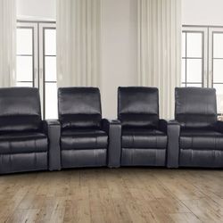 Set of 4 Seatcraft Pallas Black Leather Recline Home Theater Chairs Row of 4 Curved recliners movie