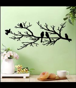 1PC Whimsical wooden Bird on Branch Wall Art - Vivid Silhouette Sculpture with Black hardboard Leaves, Easy Wall-Mounted Hanging for Home, Garden, Bal