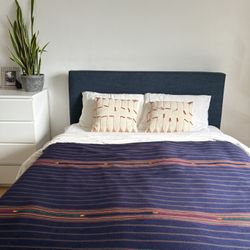 Queen Blue Upholstered Platform Bed Frame w/ Headboard – No Box Spring Needed