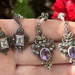 Vintage 925 Sterling Silver Amethyst & Citrine Marcasite Antique Dangle Earrings Jewelry Semi Precious Stones 