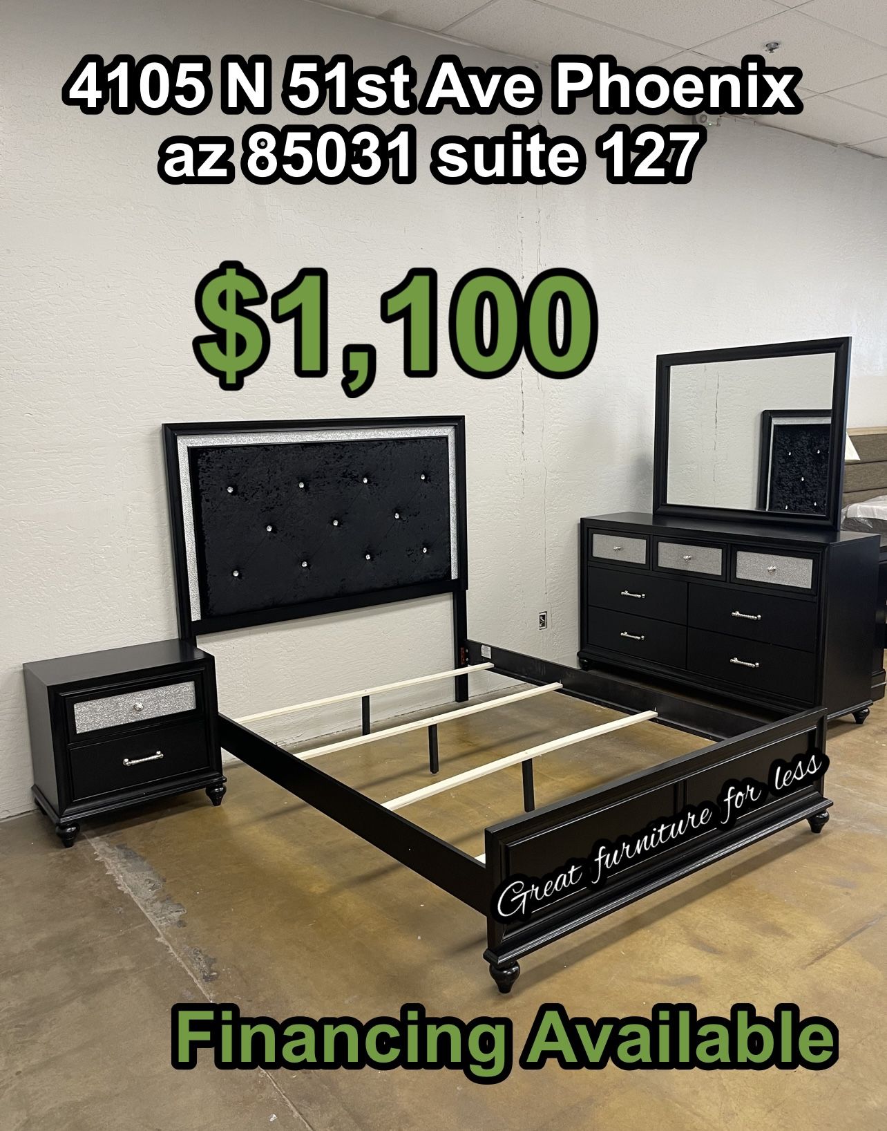 4 PCs Queen Size Bedroom Set Black Include Bed Frame Dresser Mirror And 1 Nightstand Brand New