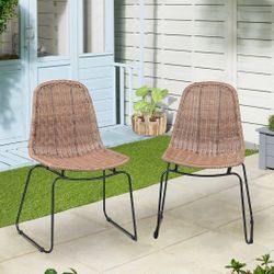 Outdoor Wicker Chairs, Patio Dining Chair, Rattan Armless Chairs with Curved Back, Indoor/Outdoor, Set of 4, Beige