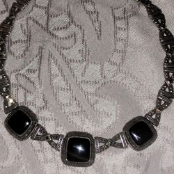 Beautiful Sterling Silver Choker Necklace.  Broken Clasp.  Has Onyx  And Marcasites