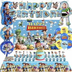 2X Toy Cartoon Birthday Party Decorations, Toy Themed Party Supplies Include Banner, Cake Topper, Cupcake Topper, Balloons, Backdrop, Tablecloth